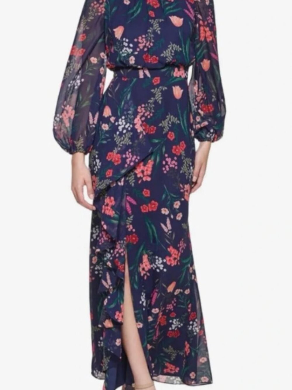 Eliza J Navy Floral Long Sleeve Ruffle Maxi Dress